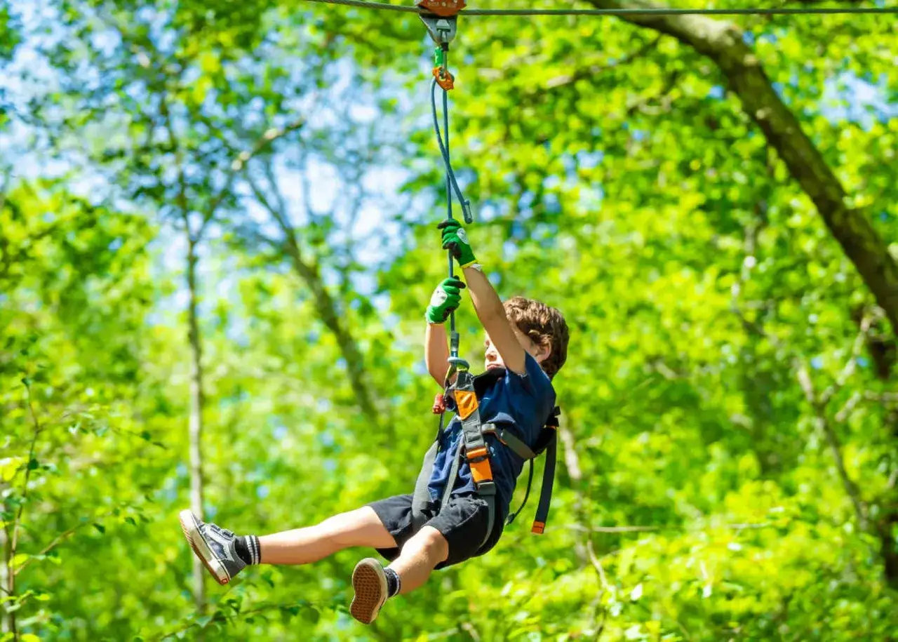 Un enfant s'amuse sur une tyrolienne dans un parc d'aventure, profitant du colo sud de la France et de la nature luxuriante.