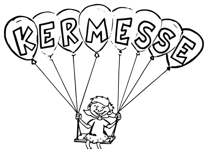 Dessin d'une joyeuse enfant sur une balançoire, portée par des ballons formant le mot "KERMESSE".