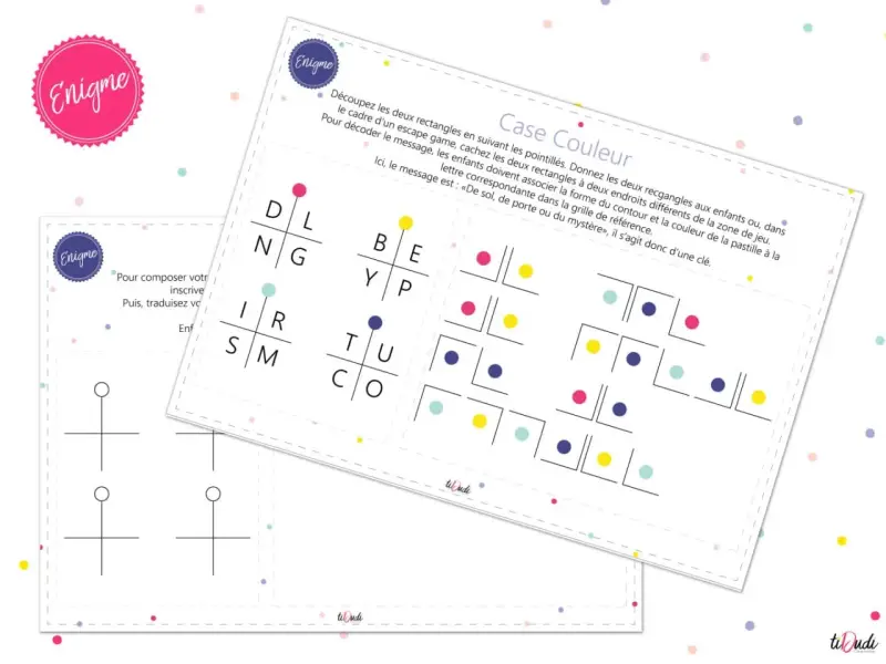 Une énigme pour faire deviner un mot, avec des lettres, des formes et des couleurs à associer.
