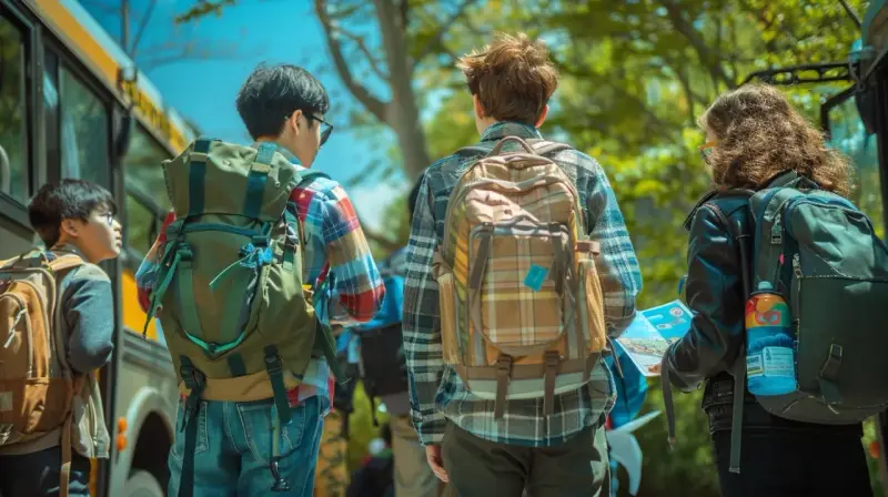 Trois jeunes avec des sacs à dos près d'un bus, prêts pour leur voyage scolaire. L'aide financière pour voyage scolaire rend ces aventures possibles.