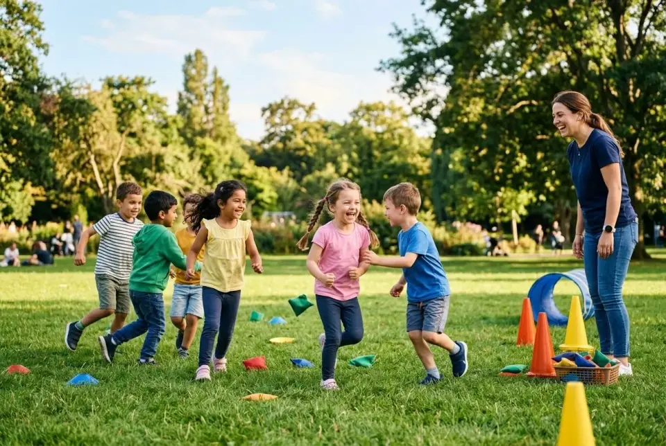 Enfants joyeux courant dans un parc lors d'une sortie centre de loisirs, sous le regard d'une animatrice.